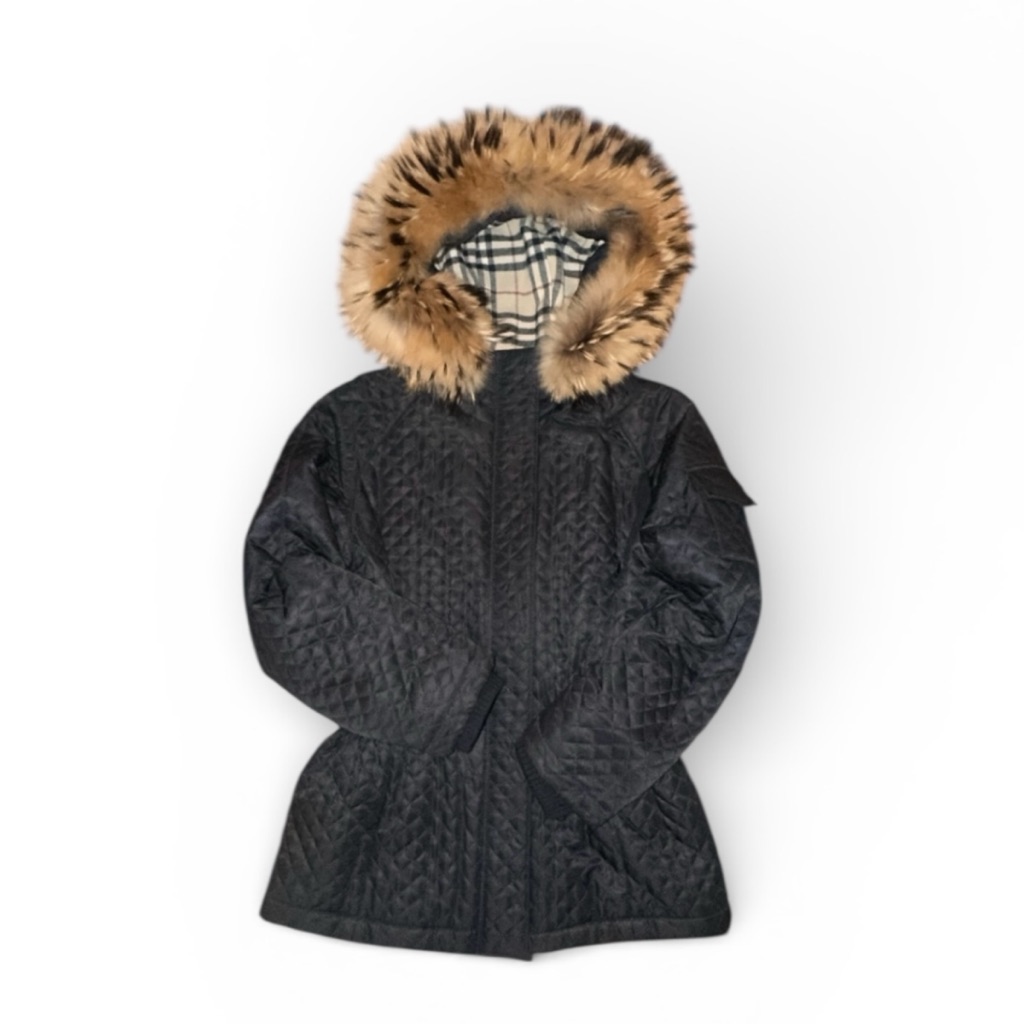 Authentic Burberry Black Quilted Raccoon Fur Hood Cinch Waist Jacket Small